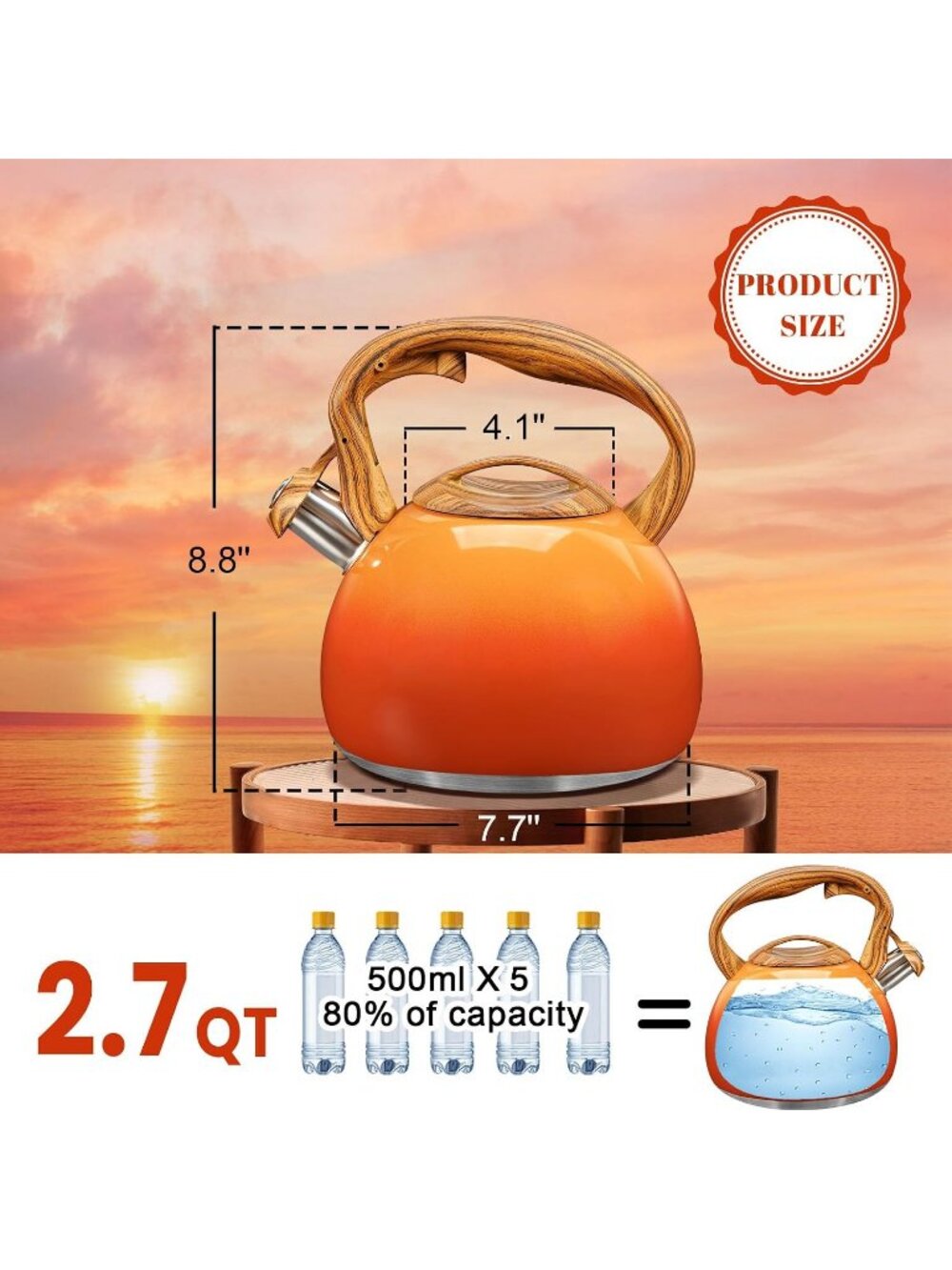 GGC 3.1QT Orange Stainless Steel Whistling Tea Kettle For Kitchen Stove Top - Picture 2 of 7